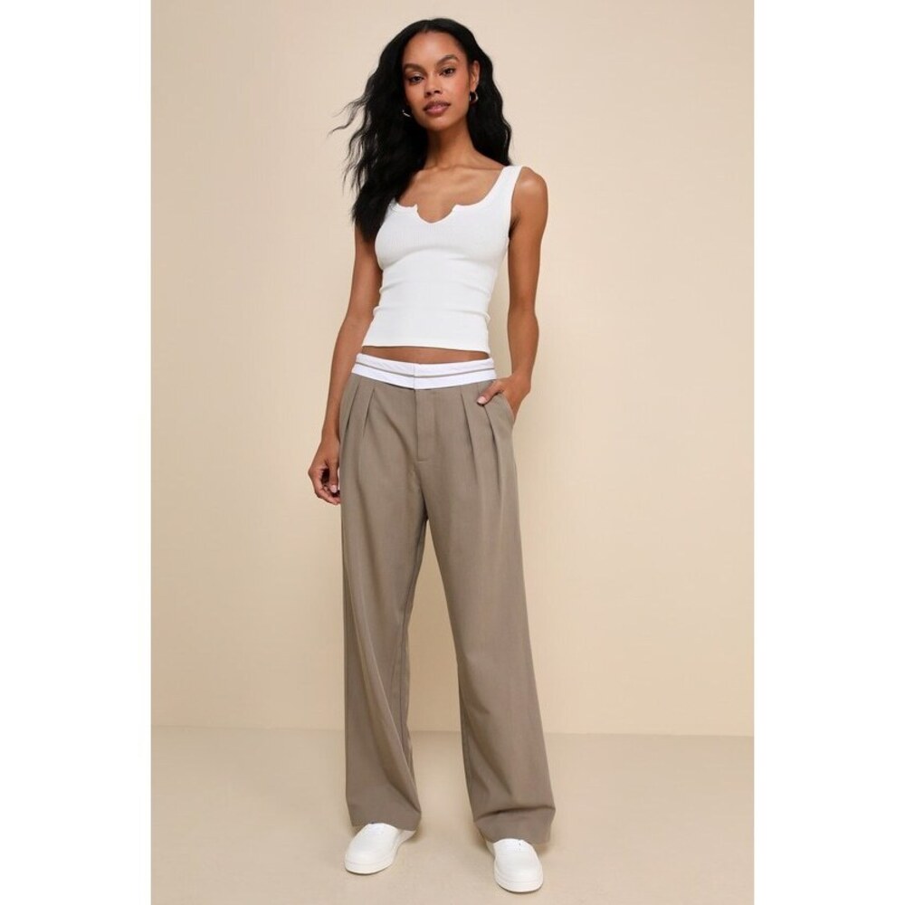 Lulus Refined Mood Taupe And White Straight Leg Trouser Pants - Size M